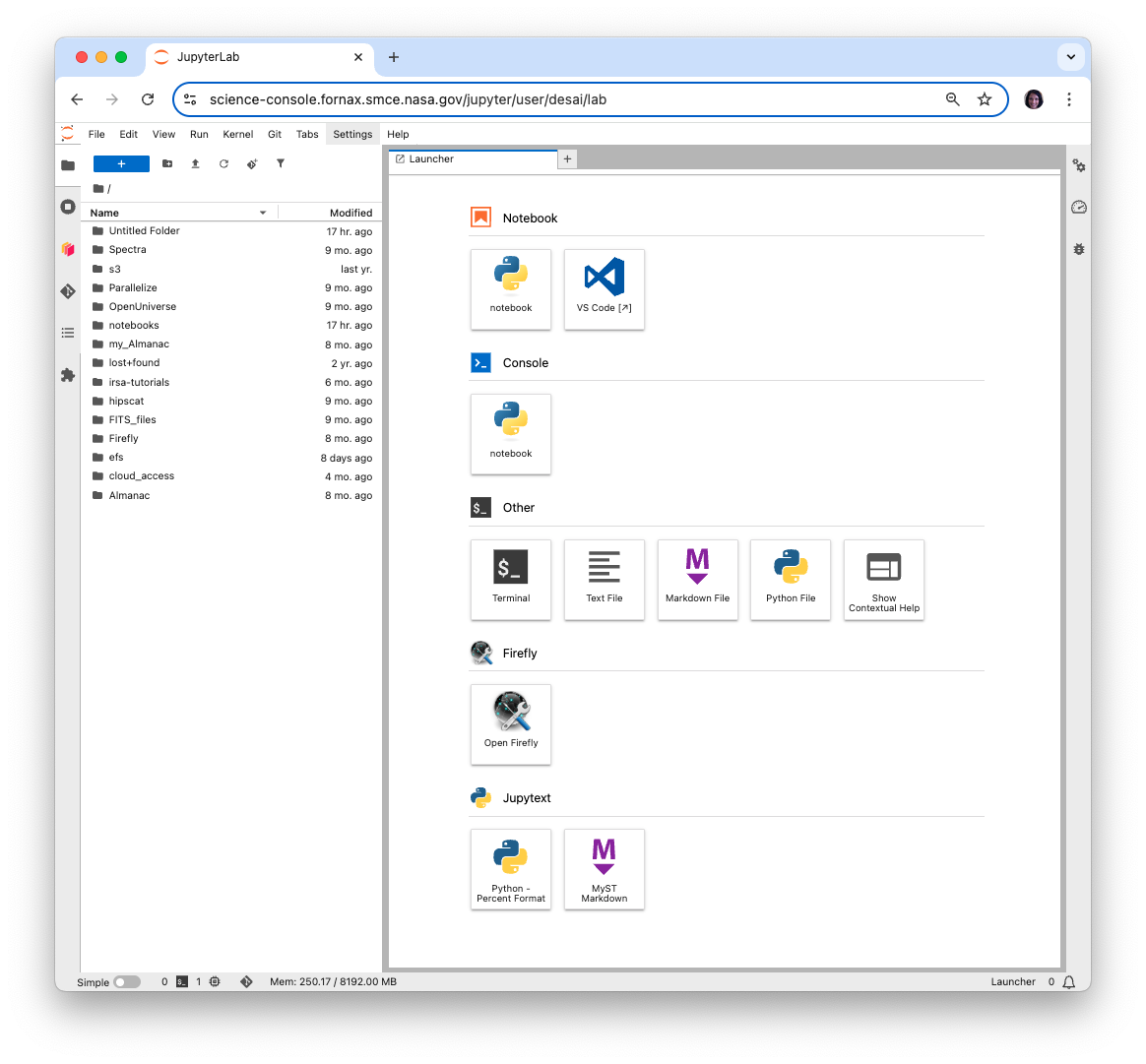 JupyterLab opening page with some customisation as deployed in the Fornax Science Console