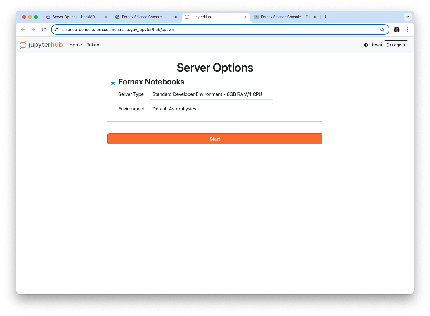 JupyterLab server options menu as deployed in the Fornax Science Console